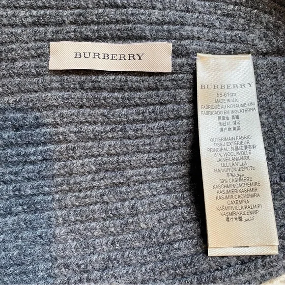BURBERRY $340 Ribbed Gray Wool Cashmere Beanie Hat 56-61cm EUC - Picture 7 of 9